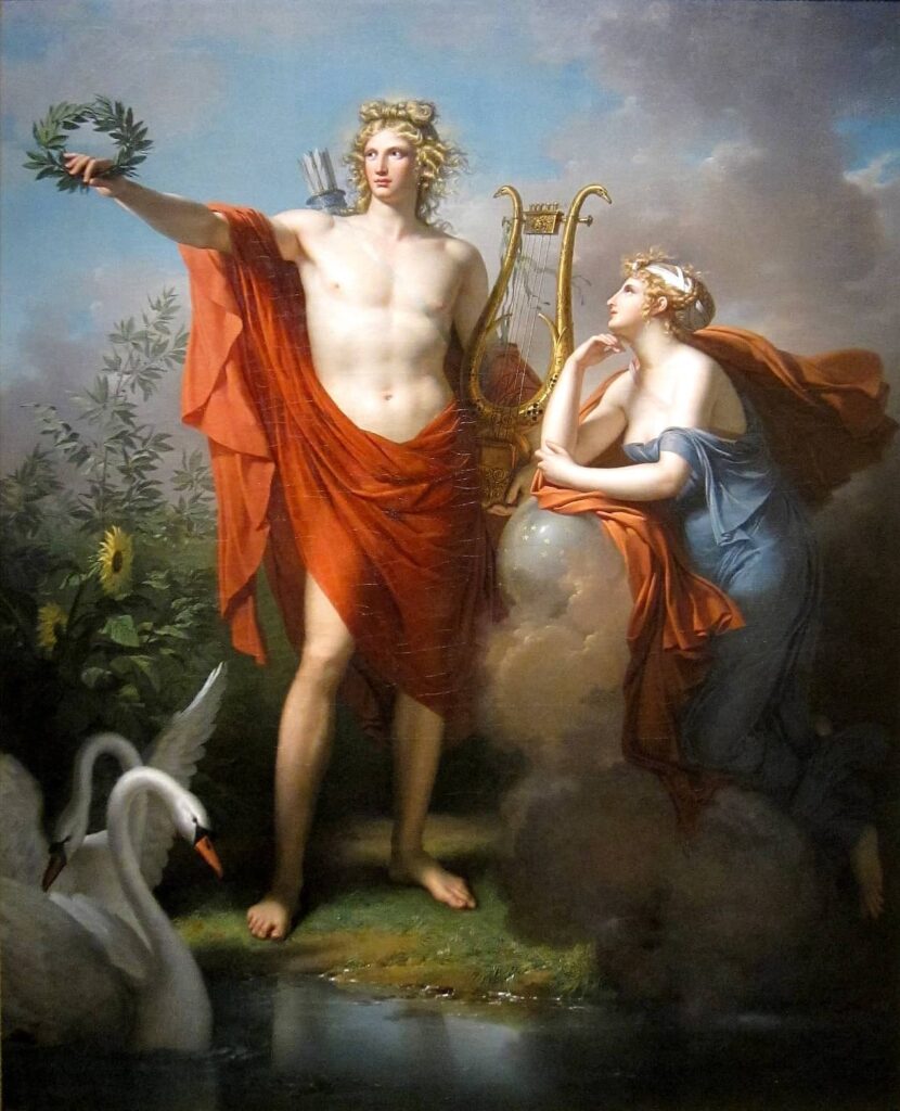 apollo, god of light, eloquence, poetry and the fine arts with urania, muse of astronomy charles meynier (1)